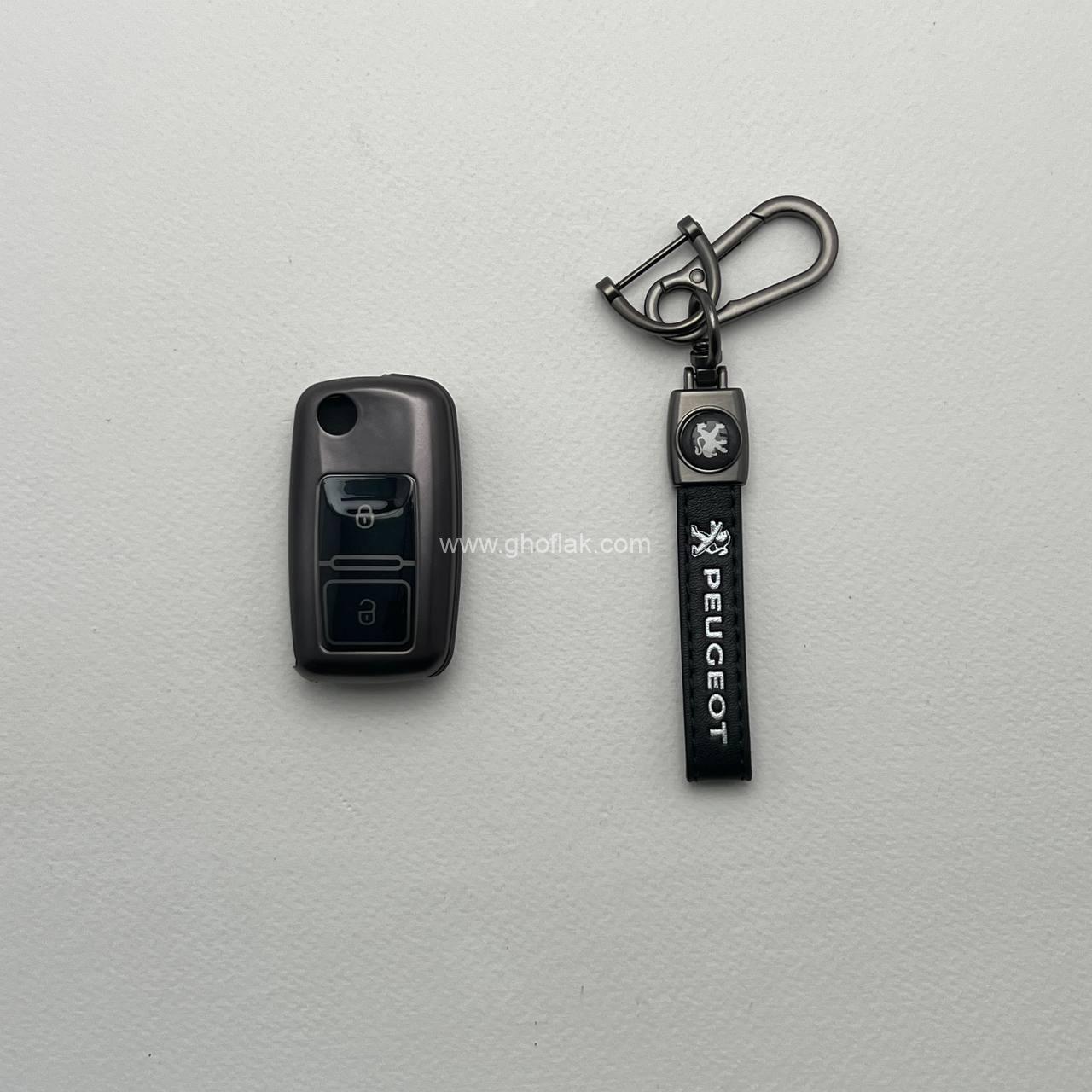 photo_3_2024-11-30_22-47-50 کاور ریموت پژو 405 و پارس دو دکمه کلید تاشو طرح متالیک با بند ست - Image 1