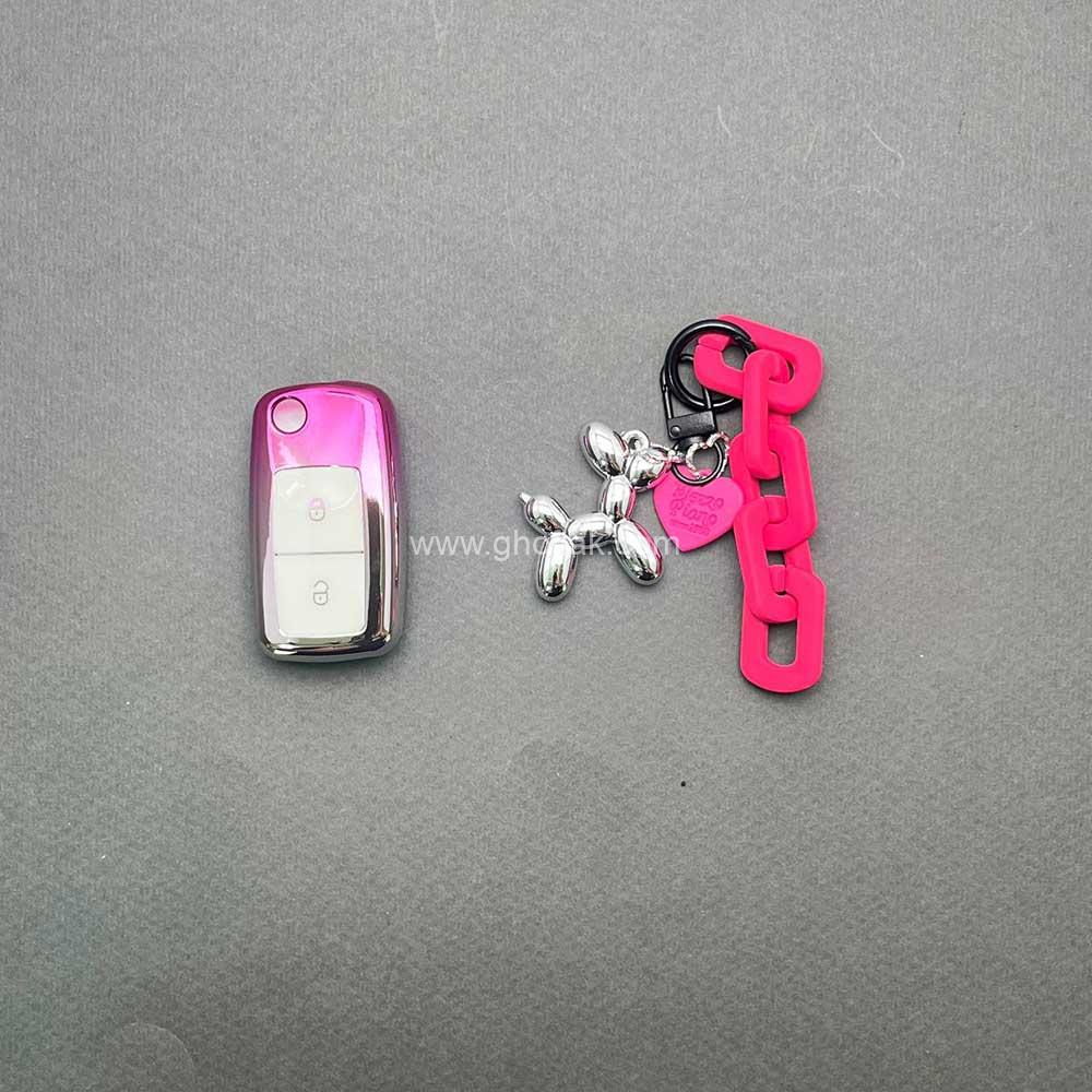 چار1 کاور ریموت پژو 405 و پارس کلید تاشو دو دکمه پینک با بند ست - Image 1
